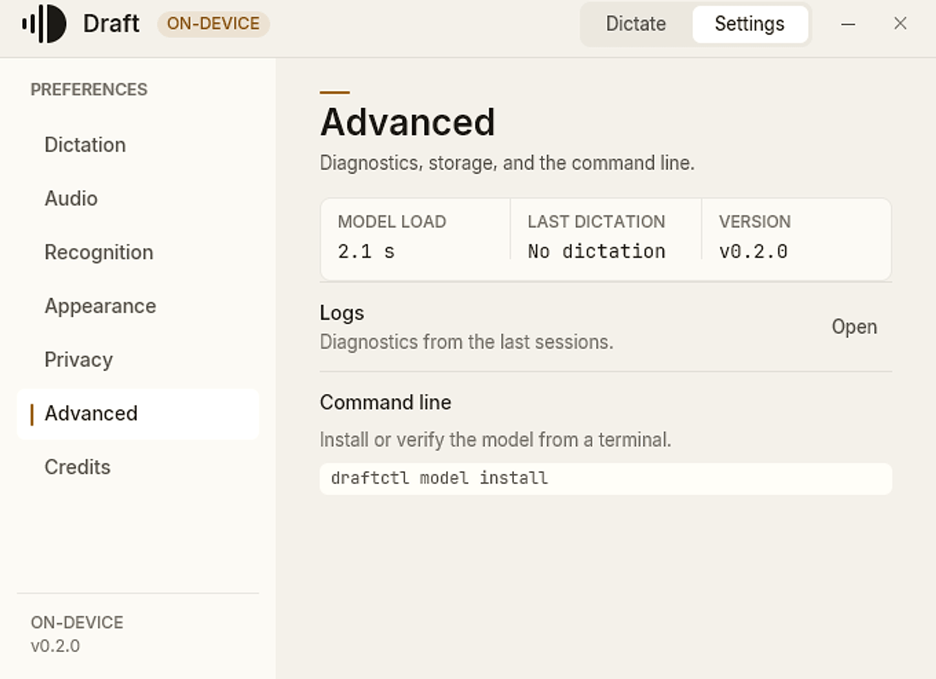 Draft’s Advanced settings, showing model load time, last dictation, logs, and the draftctl path.