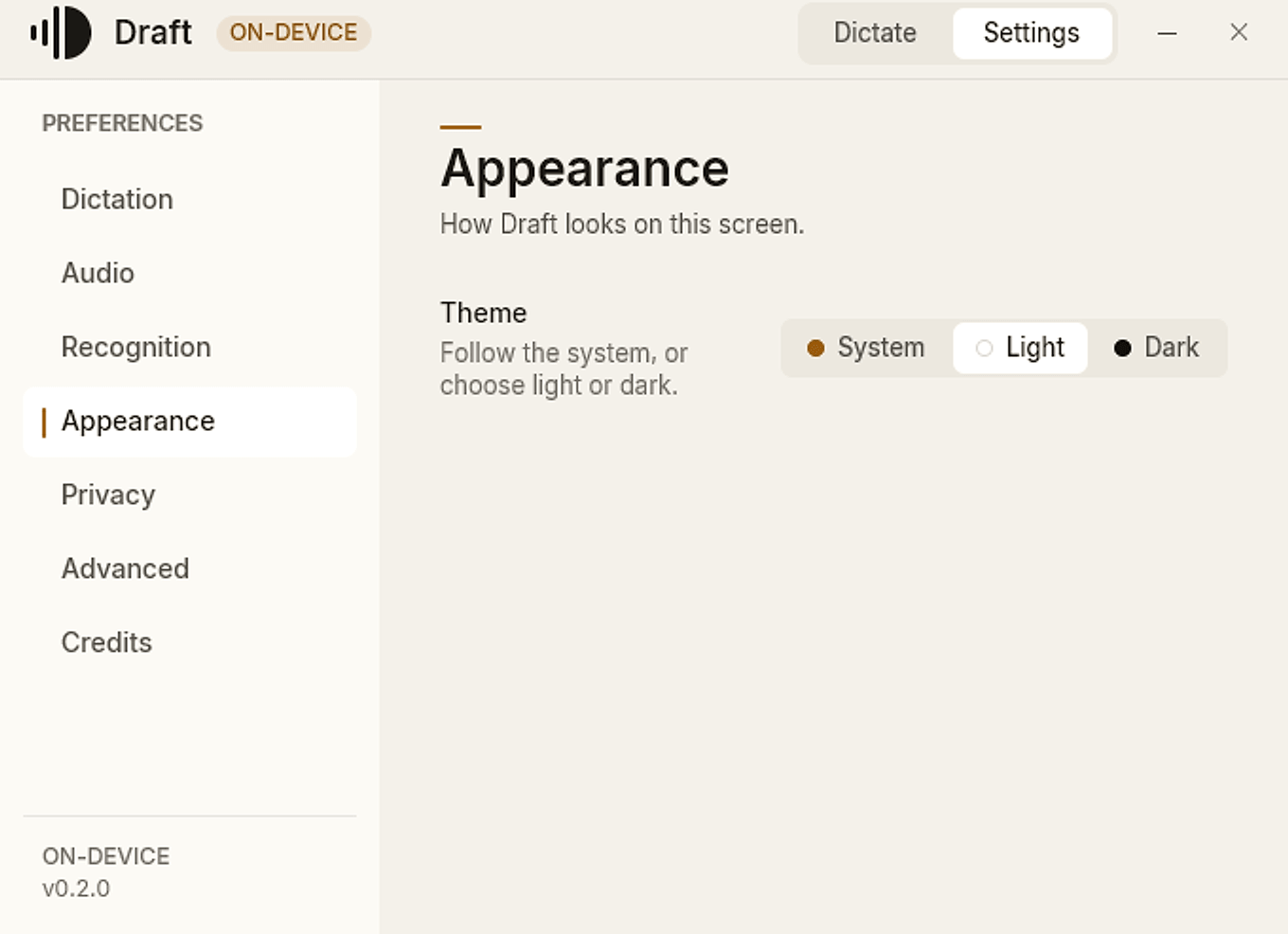 Draft’s Appearance settings, showing the light, dark, and system theme choices.