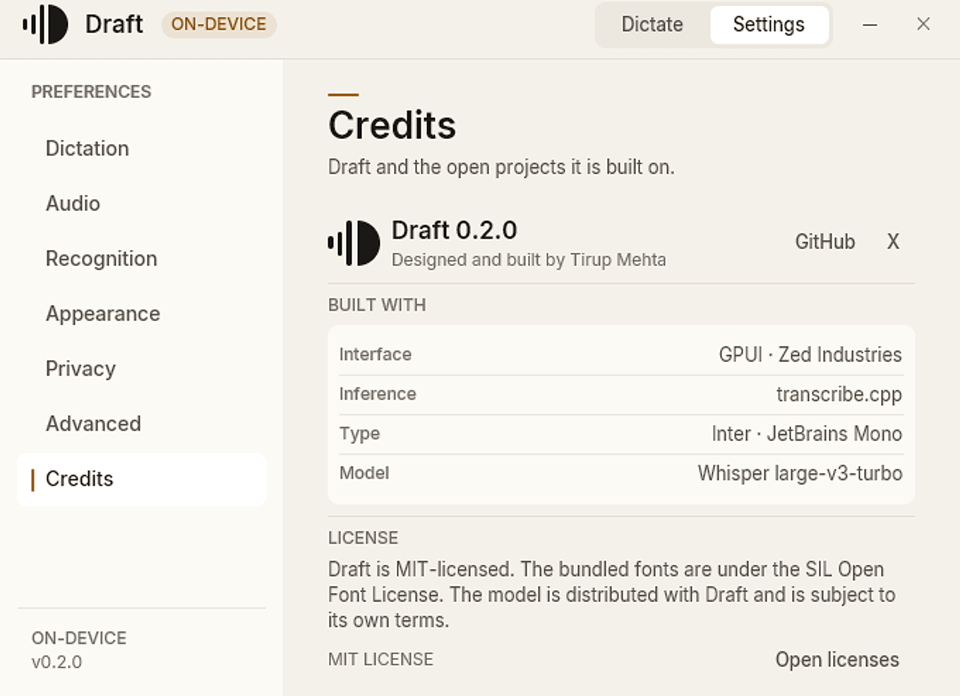 Draft’s Credits settings, listing the interface, inference engine, speech model, and typefaces used.