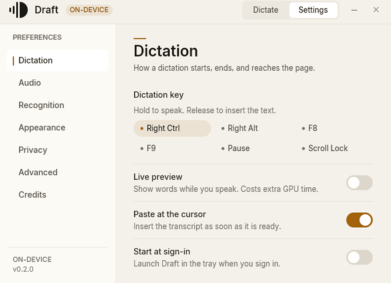 Draft’s Dictation settings, showing the shortcut presets, paste at cursor, live preview, and start at sign-in.