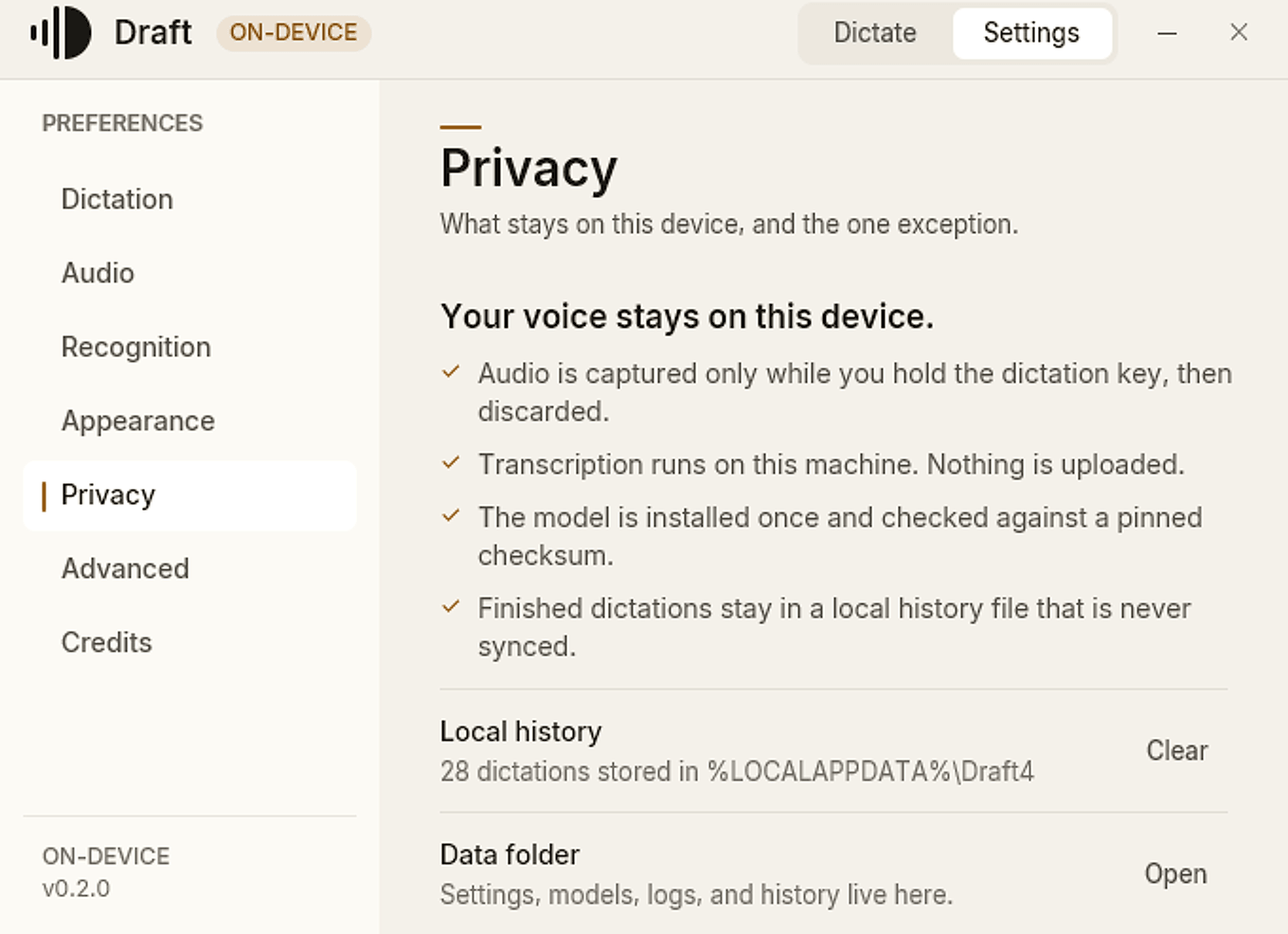 Draft’s Privacy settings, showing local-only processing, the model path, and the clear history action.
