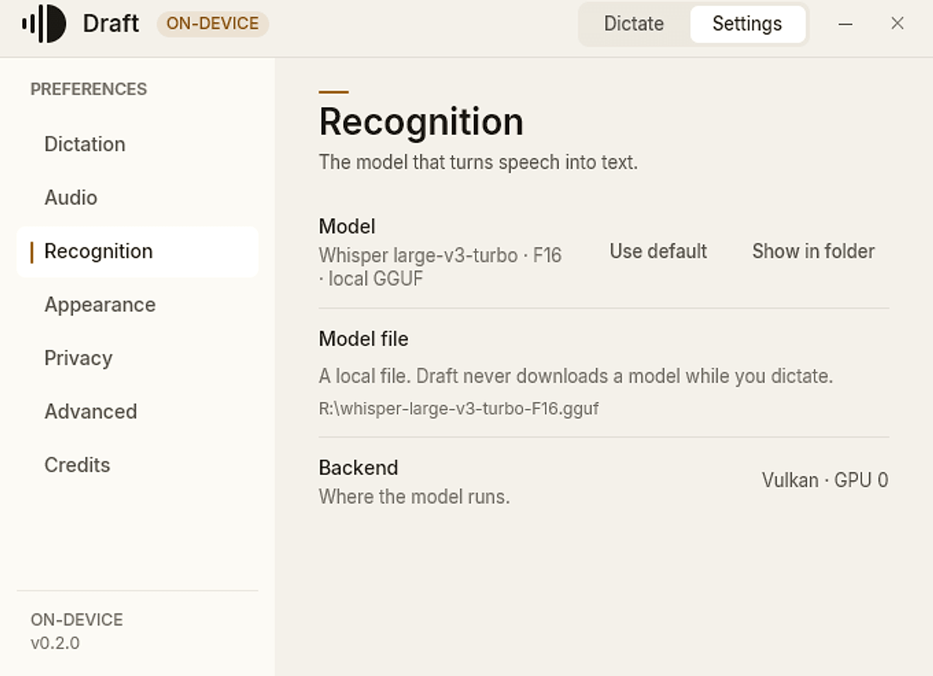 Draft’s Recognition settings, showing the bundled Whisper large-v3-turbo model and Vulkan backend.